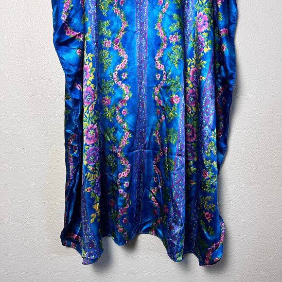 Winlar Blue Floral Satin Kaftan Dress One Size – Boho Lounge Caftan - Picture 4 of 7